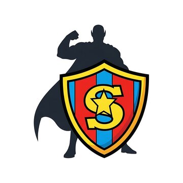 Bold Superhero Silhouette Standing Behind Colorful Shield Emblem on White Background