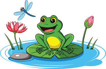 Fototapeta premium Cute cartoon green frog sitting on lily pad in pond with dragonfly, lotus flower vector