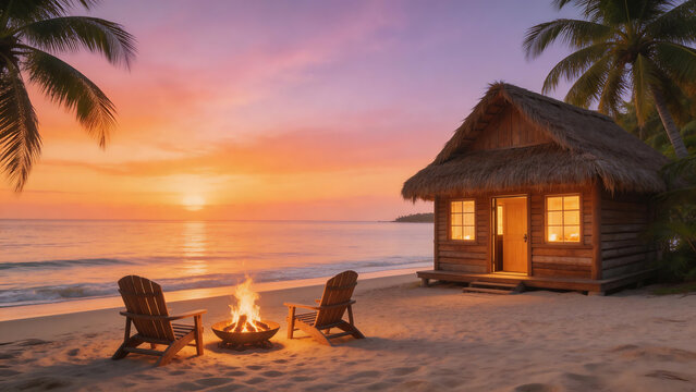 Beachside hut with fire pit at sunset