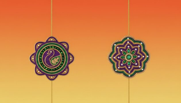 Colorful mandala wall decor illustration, boho geometric floral ornaments, gradient orange background for banner design