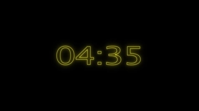 Digital neon 5 minutes countdown , 300 seconds timer countdown animation on transparent background. Countdown with neon text animation.
