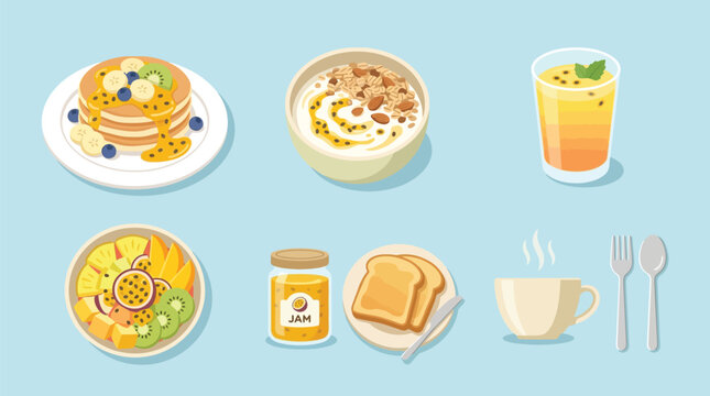 A vibrant illustration of a delicious breakfast spread featuring pancakes, yogurt, fruit salad, toast, juice, and a hot drink, all adorned with fresh passion fruit and other colorful fruits.