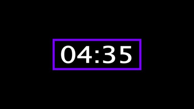 5 minutes Digital countdown 60 seconds. Five minute countdown timer animation on transparent background un black background