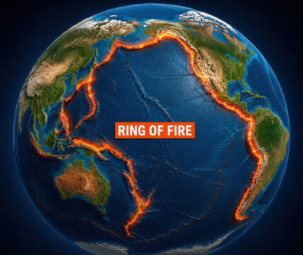 Three-dimensional view of the Pacific Ring of Fire showing major tectonic plate boundaries, active volcanic and seismic zones, concept of geology, earthquakes and global volcanic activity.