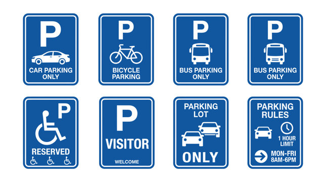 Set of Blue Parking Signs with Icons: Car, Bicycle, Bus, Disabled, Visitor, Lot, Rules