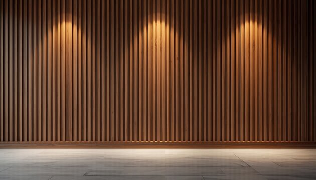 Elegant and professional premium office interior background featuring a modern wall with vertical walnut wood slats, illuminated by warm spotlights, creating a sophisticated and stylish ambiance.