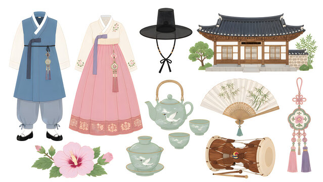 Traditional Korean culture collection, Hanbok clothing and architectural elements, set of cultural icons including tea set and Gat hat isolated on White Background ai