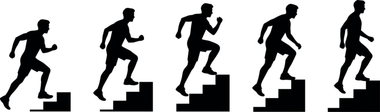 Dynamic silhouettes of a man running up stairs in progression