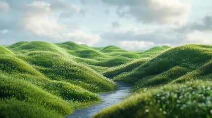 Fototapeta premium Rolling green hills with lush grass and a small winding stream creating a tranquil and picturesque natural landscape.