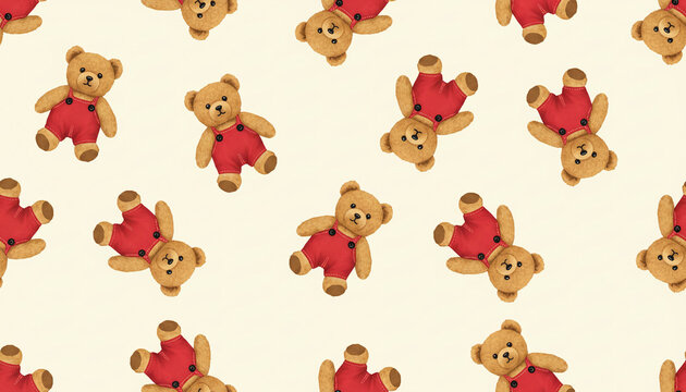 Pattern of fluffy teddy bears wearing red overalls, symbolizing childhood innocence, playfulness and comfort, ideal for children's themes