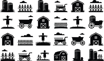 Collection of farm icons with barns silos scarecrows and agricultural transportation on white bg © MdTofazzal