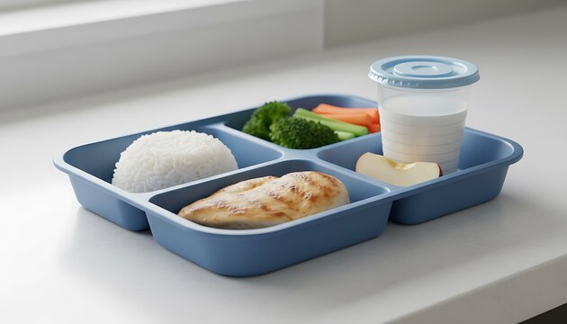 Blue partitioned tray with grilled chicken, white rice, vegetables, an apple slice, and a milk cup