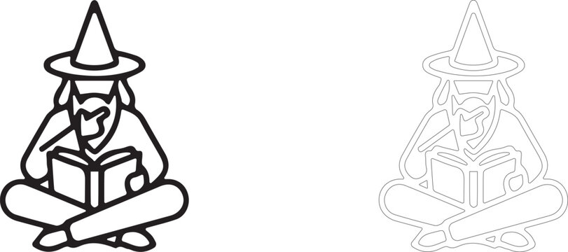 Witch Reading Spell Book Line Art Element: Vector Illustration For Magic Logo Design