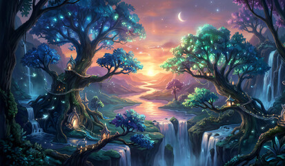 Glowing trees in fantasy forest at sunset