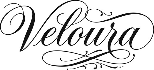 Elegant Veloura script lettering with decorative swirls, vintage calligraphy logotype vector, ornate black ink typography on white background © Tapi