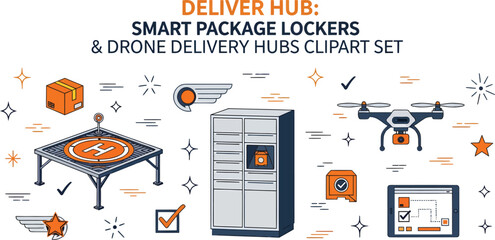 Clipart set of drone delivery hub landing pad smart lockers and packages in orange and navy blue © Faisal