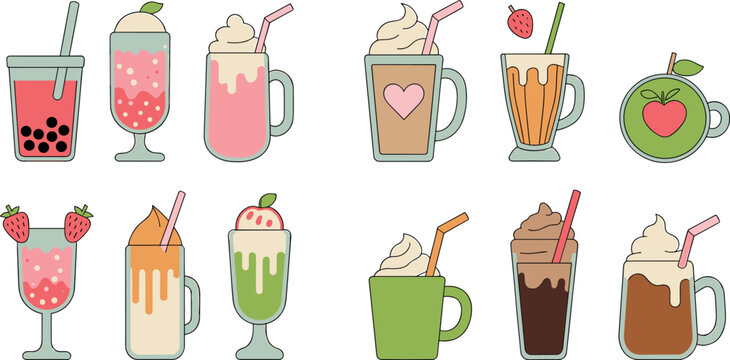 Cute sweet cafe drinks vector illustration set featuring bubble tea boba fruit milkshakes frappes and whipped cream desserts