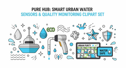 Clipart set of water quality monitoring icons featuring a sensor buoy handheld probe digital map and water droplets © Faisal