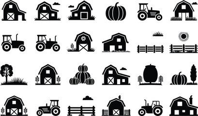 Set of farm icons with tractors barns pumpkins and rural wooden fences for countryside lifestyle © MdTofazzal