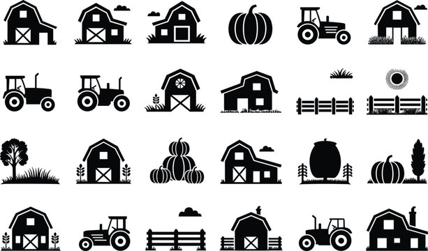 Set of farm icons with tractors barns pumpkins and rural wooden fences for countryside lifestyle