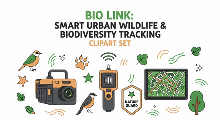 Illustration of urban wildlife tracking tools including a camera handheld device tablet map birds paw print and foliage © Faisal