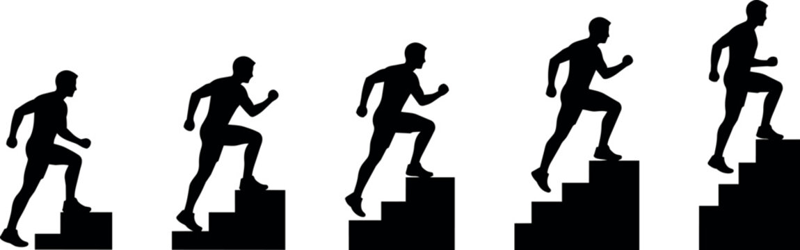 Silhouettes of men running up stairs symbolizing progress and achievement