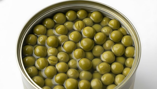 Bright green peas floating in liquid inside an opened metal can