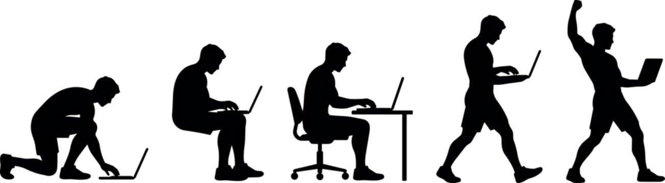 Evolution of man using laptop from kneeling to celebrating success