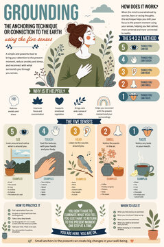 Grounding 5-4-3-2-1 Technique Infographic for Anxiety Relief and Mindfulness.
