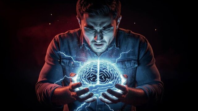 Man intensely focusing holding a glowing electric brain pulsating with blue light creativity concept