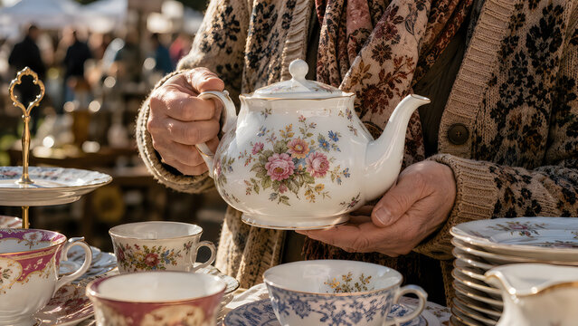 Vintage floral porcelain teapot held by senior woman at flea market, antique ceramic tea set collection, rustic outdoor second hand market shopping isolated on White Background ai