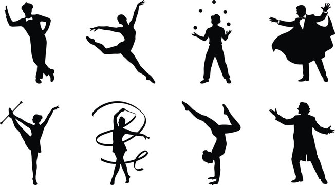 Performing Arts Silhouette Collection Featuring Dancers Acrobat Juggler Magician and Orchestra Conductor