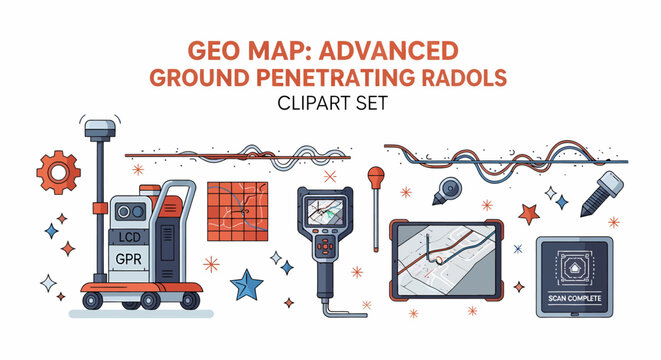 Vector illustration of ground penetrating radar tools handheld scanners tablet displays and geological map data
