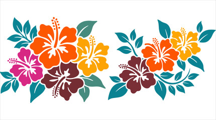 Tropical hibiscus flower vector illustration set with colorful Hawaiian blossoms and green leaves © Pronob Kumar Ray