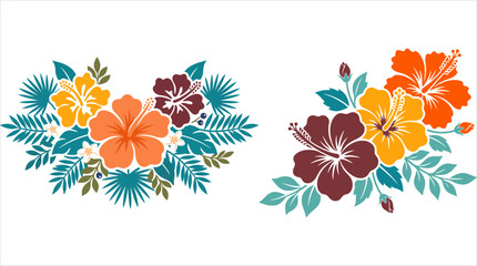 Tropical Hibiscus Flower Arrangements with Exotic Leaves Vector Illustration for Summer Design © Pronob Kumar Ray