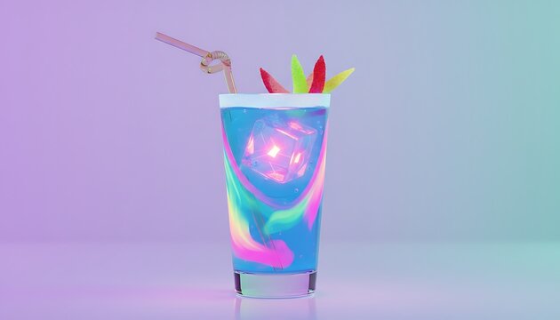 Bright neon blue drink with glowing ice cube, colorful candy garnish, and drinking straw on vibrant background