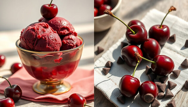 Scoops of cherry ice cream and black cherries. Cherry collage