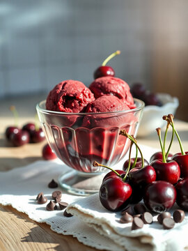 Cherry ice cream. Scoops of cherry ice cream in a bowl and black cherries