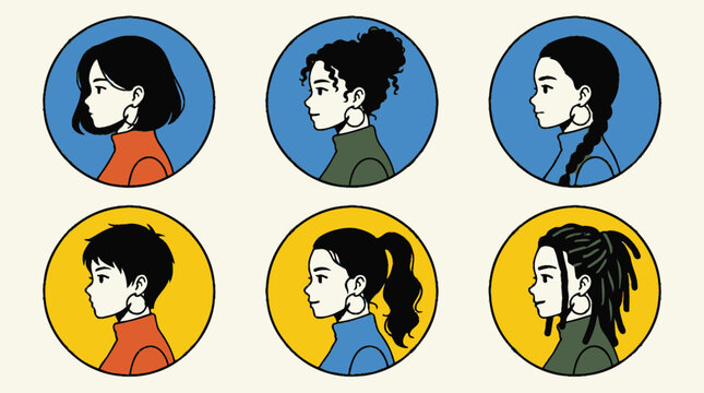 Colorful circular profile icons of women in profile.