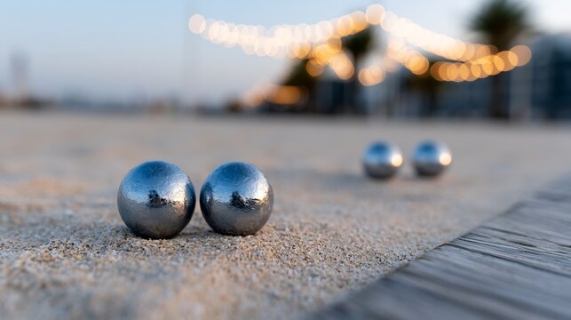Two metallic bocce balls resting on a sandy beach at sunset, with blurry string lights in the background, creating a cozy and warm evening atmosphere.