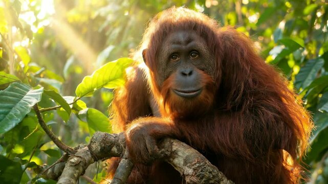 Bornean Orangutan close up on a tree at golden sunlight