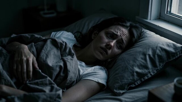 Worried woman lying awake in bed under dim light showing sleeplessness and anxiety at night