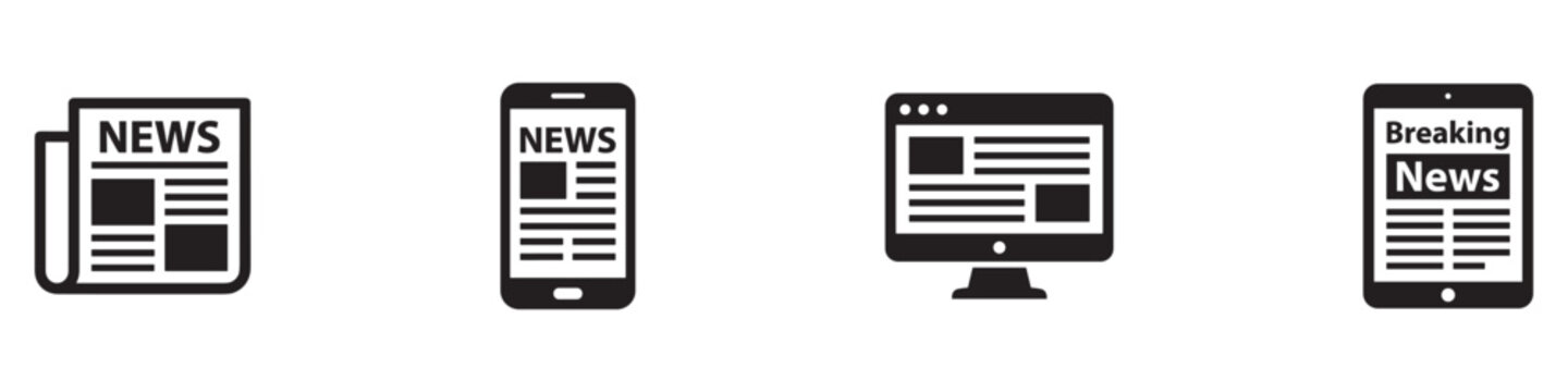 News icon set. Newspaper, smartphone, computer screen and digital tablet breaking news symbol. Mass journalism logo. Vector illustration flat black silhouette on white background