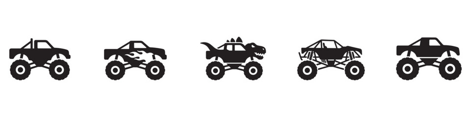 Monster truck vector icon set. Big wheel extreme offroad cars silhouettes. Modified 4x4 pickup truck and suv symbols. Racing sport automobiles graphics. Vector illustration. Vector Graphic. © Jeremy_Show