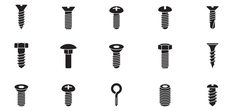 Screw and bolt icon set. Industrial hardware fasteners symbols. Construction metal rivets, nuts and washers silhouettes. Repair and workshop tools signs. Vector illustration. Vector Graphic.