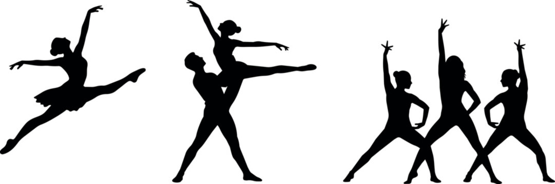 Diverse group of dancers in silhouette performing various ballet and modern poses