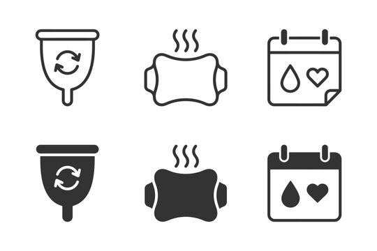 Menstrual cycle icons set including menstrual cup, heating pad, and calendar symbols.