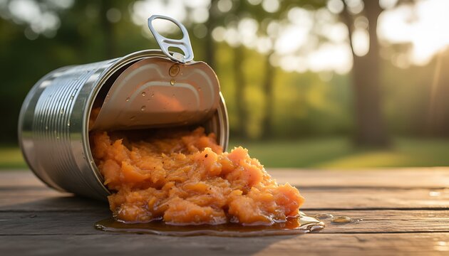 Bright orange pureed food spilling from an opened metal can with pull tab onto a rustic wooden table