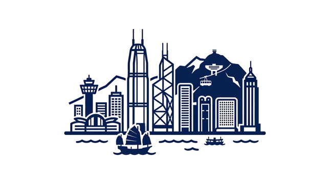 Hong Kong Skyline Silhouette - Modern Cityscape with Victoria Harbour and Mountains