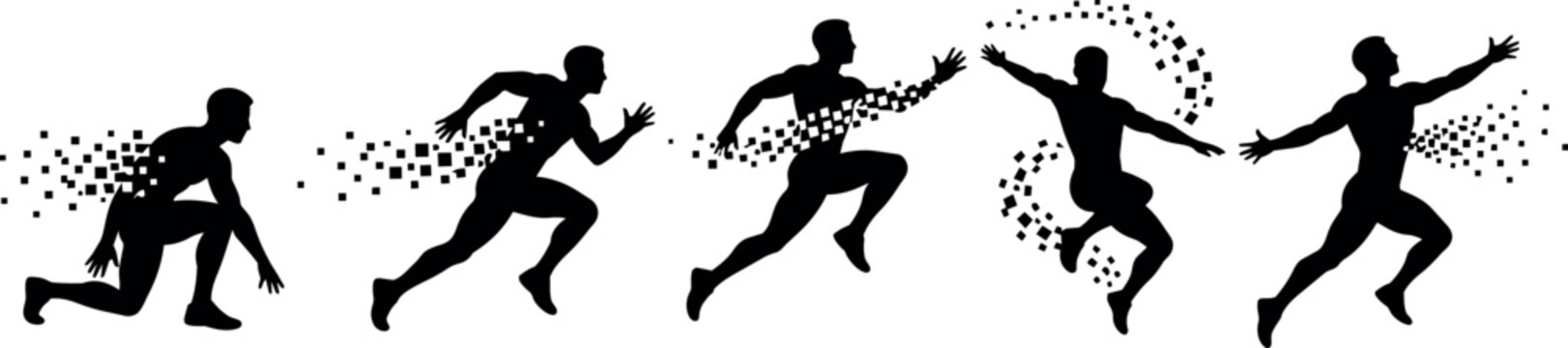 Man's silhouette dissolving into digital squares, representing progress and movement